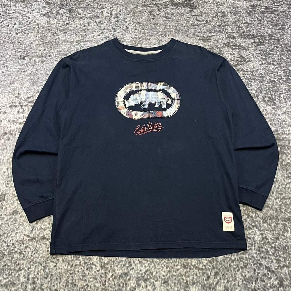 Vintage Y2K Ecko UNLTD Long Sleeve Shirt Rhino Mens Medium Navy Hip-Hop Skater